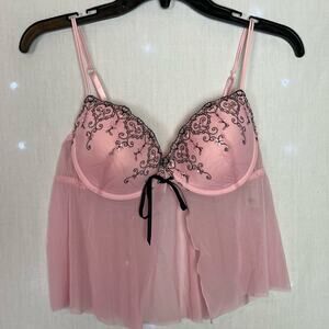 Y2K Candy Pink Sheer Babydoll Delicate Lingerie Top w/ Black Embroidery Bow L